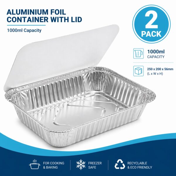 Aluminium Foil Containers with Lids - 1000ml (250 x 200 x 56mm, 2 Pack) - Recyclable Food Trays for Cooking, Storage & Takeaway 1 Aluminium Foil Containers with Lids – 1000ml (250 x 200 x 56mm, 2 Pack) – Recyclable Food Trays for Cooking, Storage & Takeaway