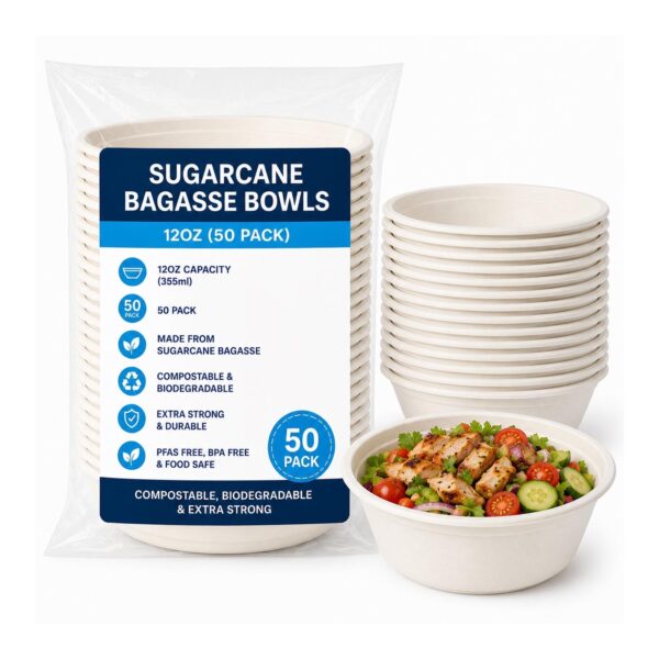 D2G-6114 Sugarcane Bagasse Bowls – 12oz (50 Pack) – Compostable, Biodegradable, Extra Strong Disposable Food Bowls