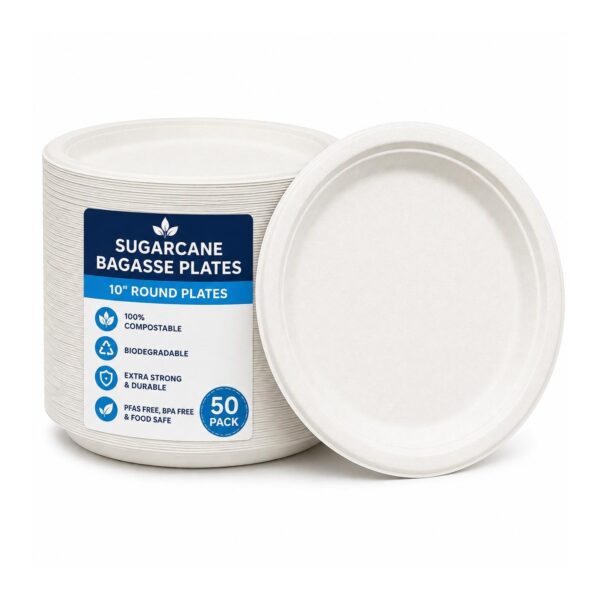 D2G-6121 Sugarcane Bagasse Plates – 10″ Round (50 Pack) – Compostable, Biodegradable, Extra Strong White Disposable Plates