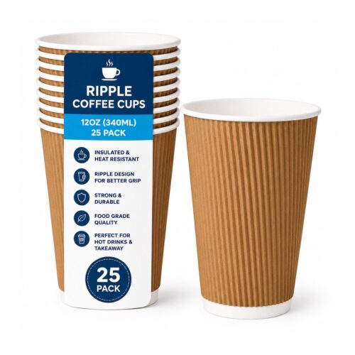 Ripple Coffee Cups - 12oz (340ml, 25 Pack) Brown - Insulated Disposable Cups for Hot Drinks, Coffee & Takeaway 1 Ripple Coffee Cups – 12oz (340ml, 25 Pack) Brown – Insulated Disposable Cups for Hot Drinks, Coffee & Takeaway