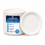 Sugarcane Bagasse Plates – 9″ Round (50 Pack) – Compostable, Biodegradable, Extra Strong White Disposable Plates