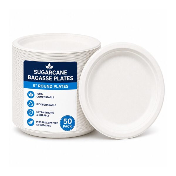 D2G-6176 Sugarcane Bagasse Plates – 9″ Round (50 Pack) – Compostable, Biodegradable, Extra Strong White Disposable Plates