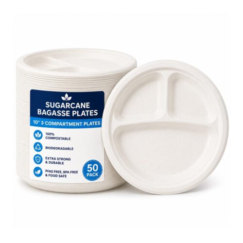 Sugarcane Bagasse Plates - 10" 3 Compartment (50 Pack) - 100% Compostable & Biodegradable, Extra Strong Disposable Plates 1 Sugarcane Bagasse Plates – 10″ 3 Compartment (50 Pack) – 100% Compostable & Biodegradable, Extra Strong Disposable Plates