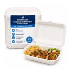 Sugarcane Bagasse Clamshell Containers – 9×6″ (25 Pack) – Compostable, Biodegradable Takeaway Food Boxes