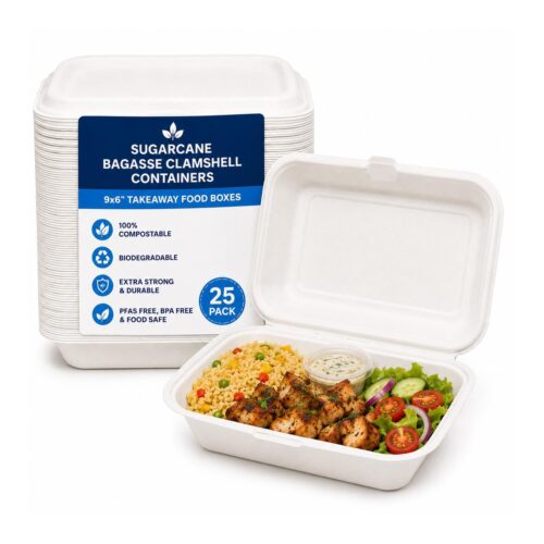 Sugarcane Bagasse Clamshell Containers - 9x6" (25 Pack) - Compostable, Biodegradable Takeaway Food Boxes 1 Sugarcane Bagasse Clamshell Containers – 9×6″ (25 Pack) – Compostable, Biodegradable Takeaway Food Boxes