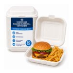 Sugarcane Bagasse Clamshell Containers – 6″ Burger (50 Pack) – Compostable, Biodegradable Takeaway Food Boxes
