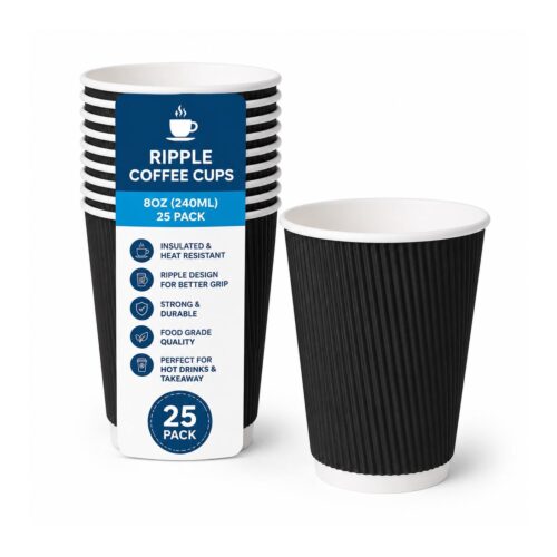 Ripple Coffee Cups - 8oz (240ml, 25 Pack) Black - Insulated Disposable Cups for Hot Drinks, Coffee & Takeaway 1 Ripple Coffee Cups – 8oz (240ml, 25 Pack) Black – Insulated Disposable Cups for Hot Drinks, Coffee & Takeaway