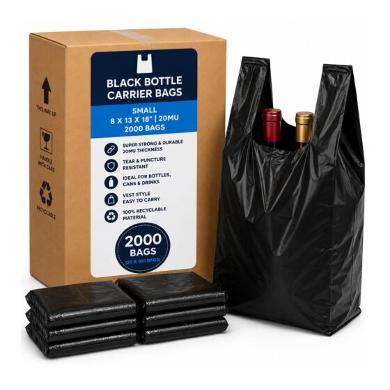 Black Bottle Carrier Bag Small 8 x 13 x 18″ 20mu – 2000 Bags (20 x 100 Bags), Super Strong Plastic Bags for Retail & Takeaway