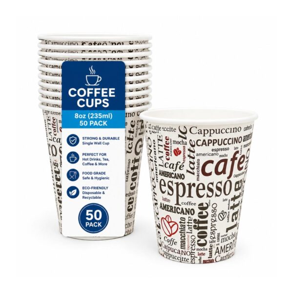 D2G-6295 Single Wall Coffee Cups – 8oz (235ml, 50 Pack) – Printed Disposable Cups for Hot Drinks, Tea, Coffee & Takeaway