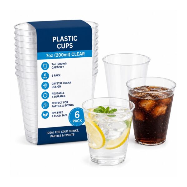 D2G-6336 Plastic Cups – Clear 7oz (200ml, 6 Pack) – Reusable Drinking Cups for Parties, Cold Drinks & Events