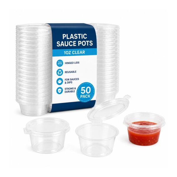 D2G-6367 Plastic Sauce Pots – 1oz Clear (50 Pack) – Hinged Lid Containers, Reusable Dip Pots for Sauces & Takeaway