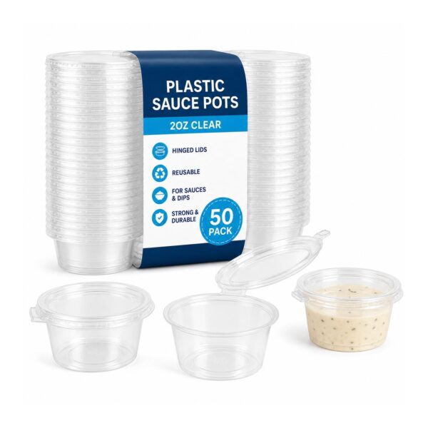 D2G-6374 Plastic Sauce Pots – 2oz Clear (50 Pack) – Hinged Lid Containers, Reusable Dip Pots for Sauces & Takeaway