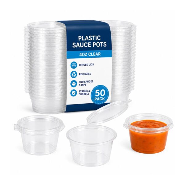 D2G-6381 Plastic Sauce Pots – 4oz Clear (50 Pack) – Hinged Lid Containers, Reusable Dip Pots for Sauces & Takeaway