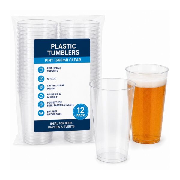 D2G-6502 Plastic Tumblers – Pint Clear (12 Pack) – Reusable Drinking Cups for Beer, Parties & Events
