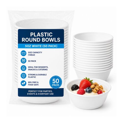 Plastic Round Bowls – 5oz White (50 Pack) – Disposable Bowls for Desserts, Snacks & Catering
