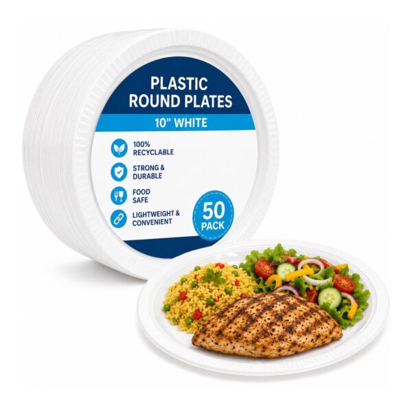D2G-6565 Plastic Round Plates – 10″ White (50 Pack) – Disposable Party Plates for Catering, BBQ & Events