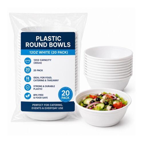 Plastic Round Bowls – 12oz White (20 Pack) – Disposable Bowls for Food, Catering & Takeaway