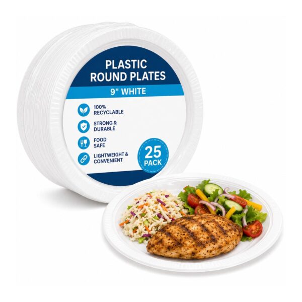D2G-6619 Plastic Round Plates – 9″ White (25 Pack) – Disposable Party Plates for Catering, BBQ & Events