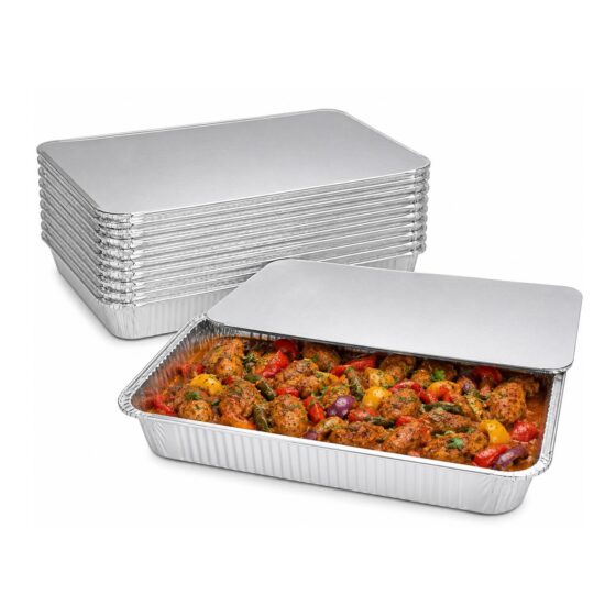 Gastro Foil Food Containers – 5000ml (369 x 270 x 73mm, 10 Pack) – Deep Catering Trays with Foil Lids for Cooking & Storage