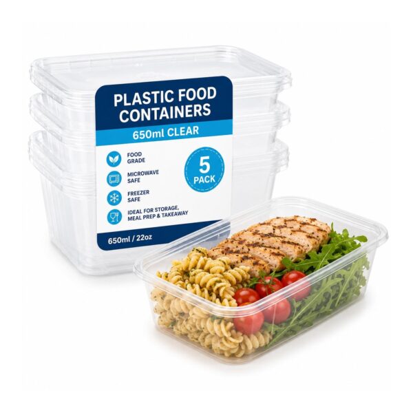 D2G-7685 Plastic Food Containers – 650ml Clear (5 Pack) – Microwave Safe Containers with Lids for Storage & Meal Prep