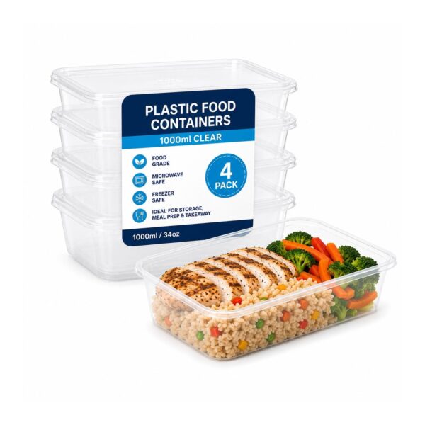 D2G-7708 Plastic Food Containers – 1000ml Clear (4 Pack) – Microwave Safe Containers with Lids for Storage & Meal Prep