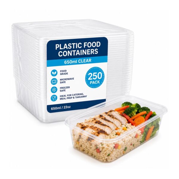 D2G-7739 Plastic Food Containers – 650ml Clear (250 Pack) – Microwave Safe Containers with Lids for Catering & Takeaway