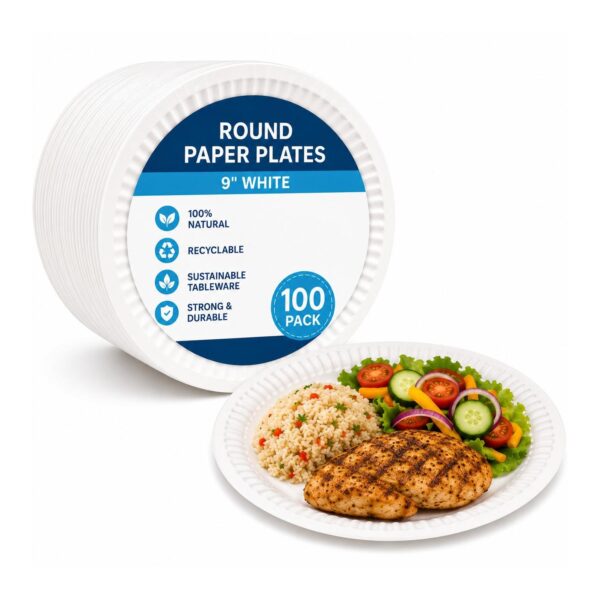 D2G-7760 Round Paper Plates – 9″ White (100 Pack) – Disposable Plates, 100% Natural, Recyclable, Sustainable Tableware