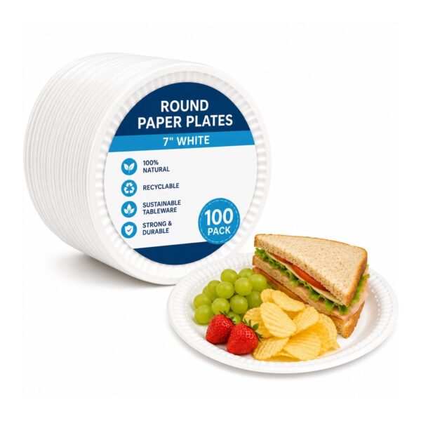 D2G-7777 Round Paper Plates – 7″ White (100 Pack) – Disposable Plates, 100% Natural, Recyclable, Sustainable Tableware
