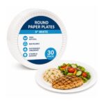 Round Paper Plates – 9″ White (30 Pack) – Disposable Plates, 100% Natural, Recyclable, Sustainable Tableware