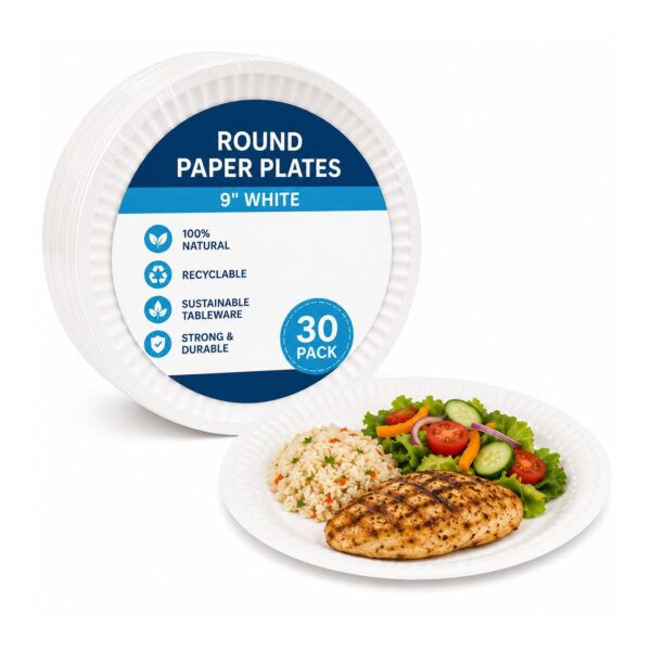 D2G-7784 Round Paper Plates – 9″ White (30 Pack) – Disposable Plates, 100% Natural, Recyclable, Sustainable Tableware