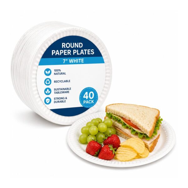 D2G-7791 Round Paper Plates – 7″ White (40 Pack) – Disposable Plates, 100% Natural, Recyclable, Sustainable Tableware