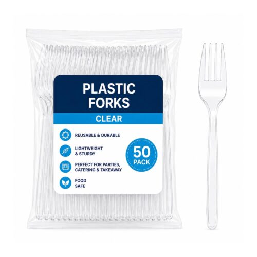 Plastic Forks – Clear (50 Pack) – Reusable Disposable Cutlery for Parties, Catering & Takeaway