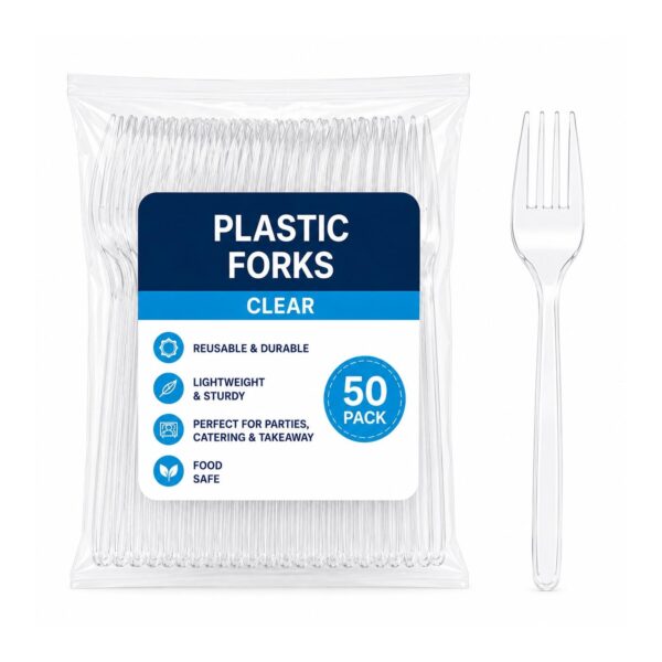 D2G-7814 Plastic Forks – Clear (50 Pack) – Reusable Disposable Cutlery for Parties, Catering & Takeaway