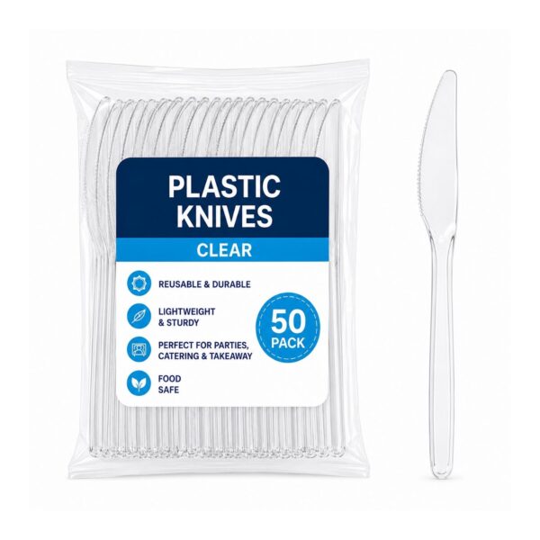 D2G-7821 Plastic Knives – Clear (50 Pack) – Reusable Disposable Cutlery for Parties, Catering & Takeaway