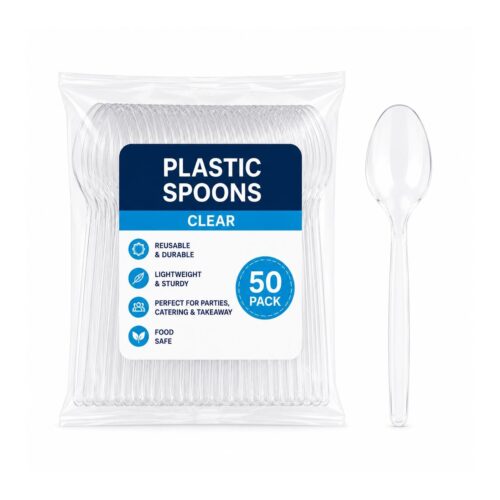 Plastic Spoons – Clear (50 Pack) – Reusable Disposable Cutlery for Parties, Catering & Takeaway