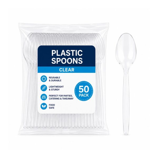 D2G-7838 Plastic Spoons – Clear (50 Pack) – Reusable Disposable Cutlery for Parties, Catering & Takeaway