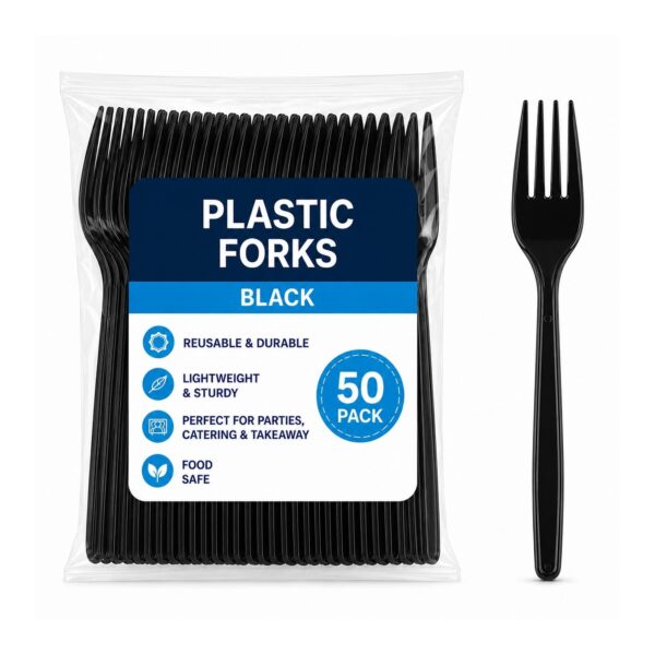 D2G-7937 Plastic Forks – Black (50 Pack) – Reusable Disposable Cutlery for Parties, Catering & Takeaway