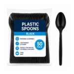 Plastic Spoons – Black (50 Pack) – Reusable Disposable Cutlery for Parties, Catering & Takeaway