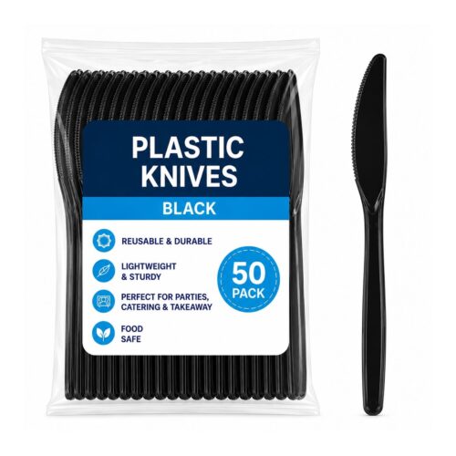 Plastic Knives – Black (50 Pack) – Reusable Disposable Cutlery for Parties, Catering & Takeaway