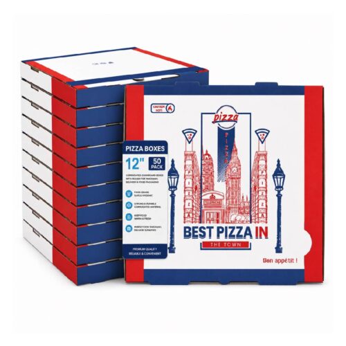 Pizza Boxes – 12″ (50 Pack) – Corrugated Cardboard Boxes with Design for Takeaway, Delivery & Food Packaging