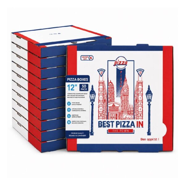 Pizza Boxes – 12″ (50 Pack) – Corrugated Cardboard Boxes with Design for Takeaway, Delivery & Food Packaging