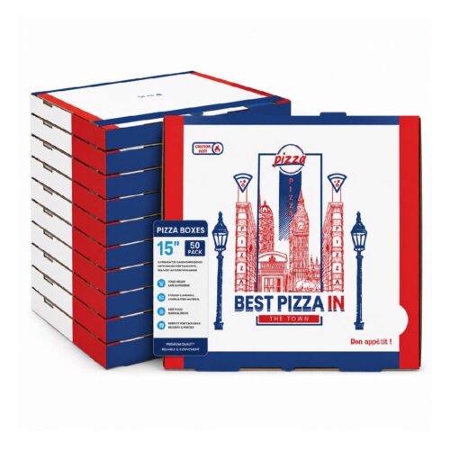 Pizza Boxes – 15″ (50 Pack) – Corrugated Cardboard Boxes with Design for Takeaway, Delivery & Food Packaging