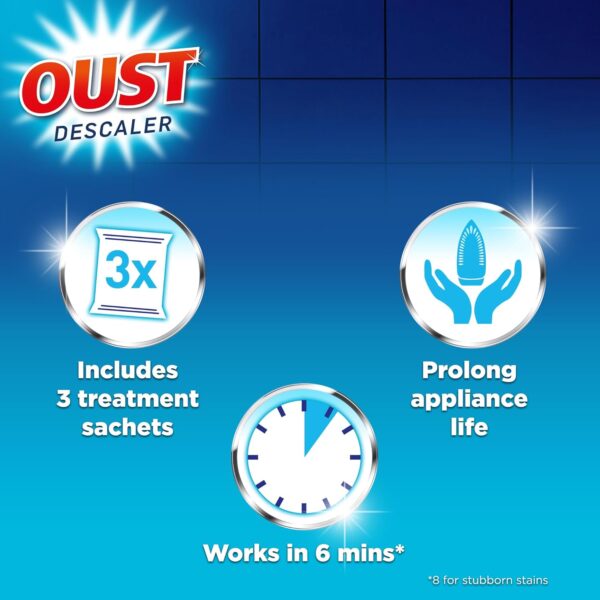 Oust All Purpose Descaler – 3 x 25ml Sachets – Fast Limescale Remover for Kettles, Coffee Machines, Irons & Shower Heads