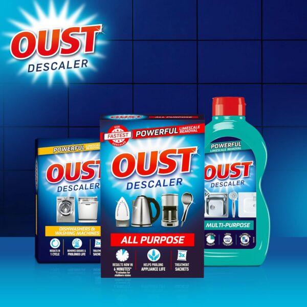 Oust All Purpose Descaler – 3 x 25ml Sachets – Fast Limescale Remover for Kettles, Coffee Machines, Irons & Shower Heads