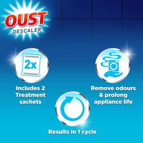 Oust Dishwasher & Washing Machine Descaler – 2 x 75g Sachets – Removes Limescale, Dirt & Odours, Deep Clean in 1 Cycle