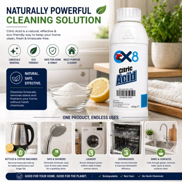 Citric Acid 500g – Multi-Purpose Descaler & Cleaner, Removes Limescale for Kettles, Appliances & Surfaces
