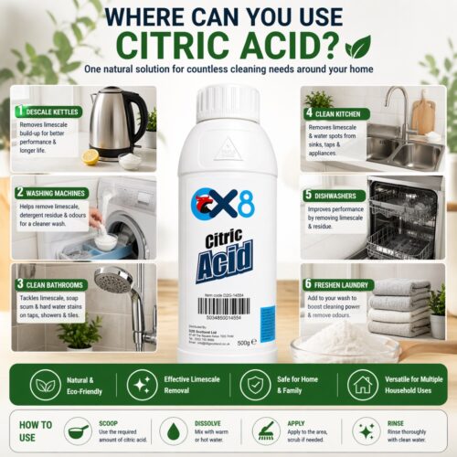 Citric Acid 500g – Multi-Purpose Descaler & Cleaner, Removes Limescale for Kettles, Appliances & Surfaces