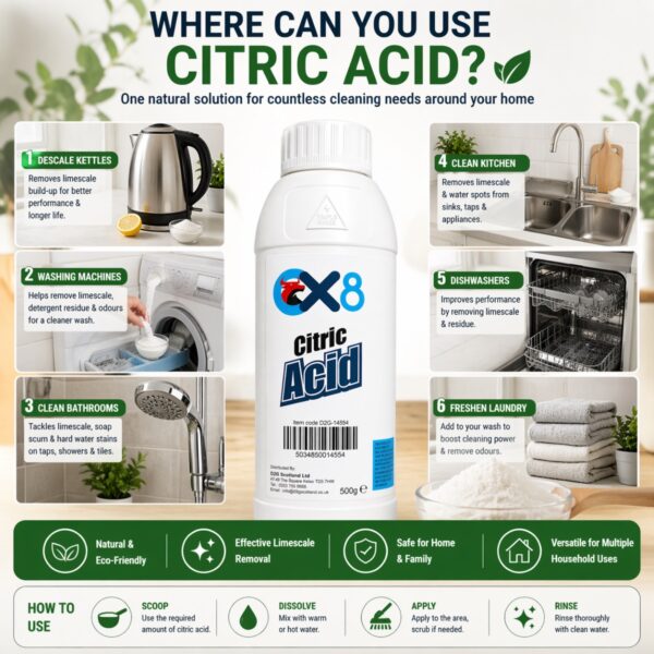 Citric Acid 500g – Multi-Purpose Descaler & Cleaner, Removes Limescale for Kettles, Appliances & Surfaces