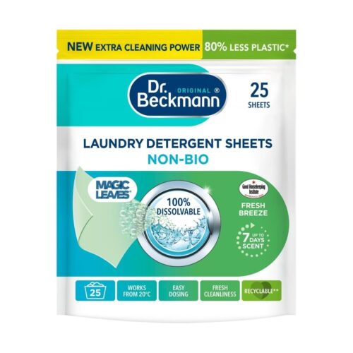 Dr. Beckmann Magic Leaves Non-Bio Laundry Detergent Sheets 25 Washes – Spring Fresh, Eco-Friendly, Pre-Dosed, Green