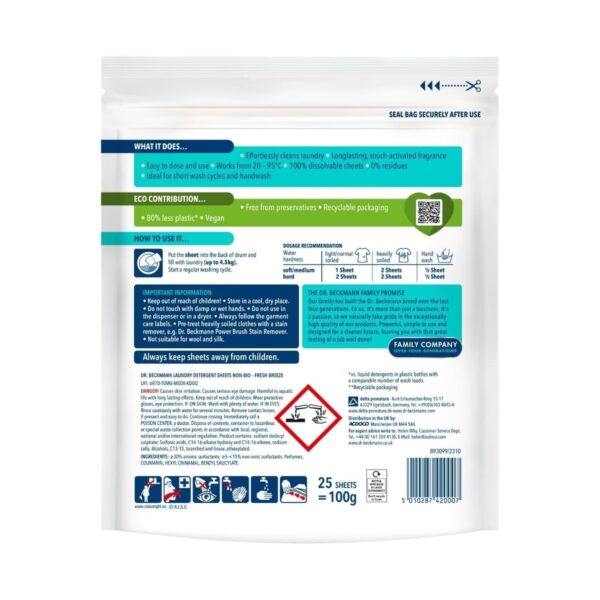 Dr. Beckmann Magic Leaves Non-Bio Laundry Detergent Sheets 25 Washes – Spring Fresh, Eco-Friendly, Pre-Dosed, Green